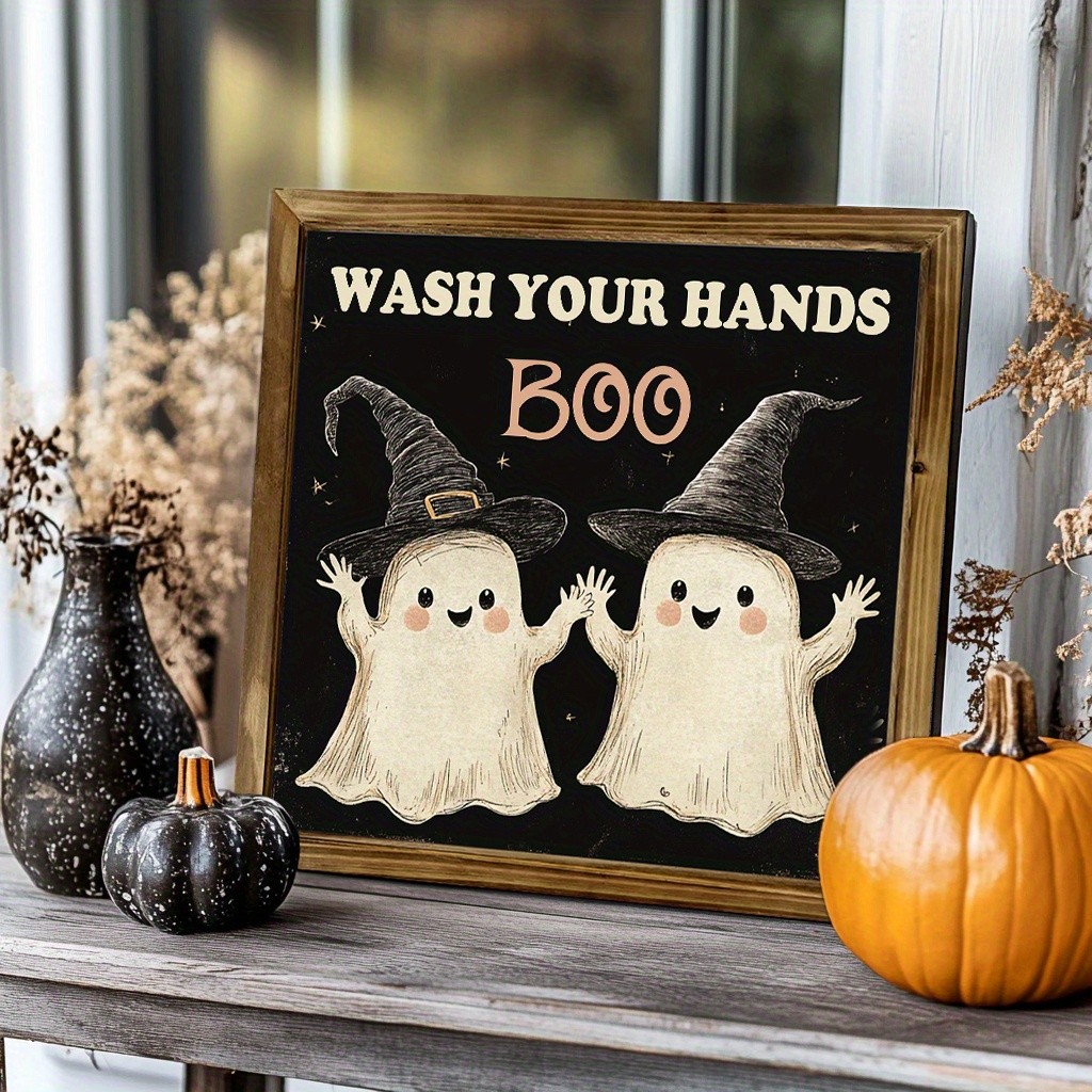 Wooden Frame Print Wash Your Hands Boo Ghost Witch Hat Halloween Wall Decor