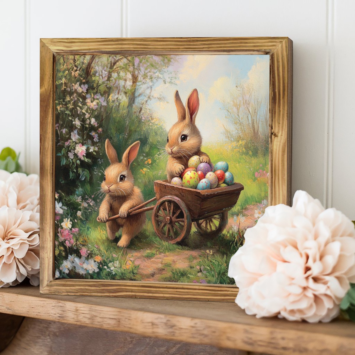 Easter Bunnies with Egg Wheelbarrow Wooden Plaque Rustic Spring Holiday Decor