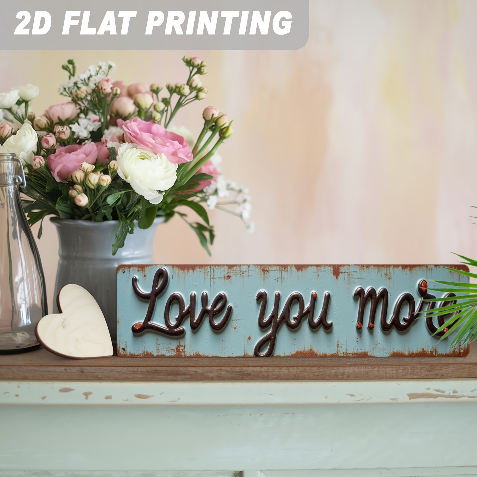 Love You More Cursive Metal Sign Distressed Blue Rustic Wedding Wall Decoration