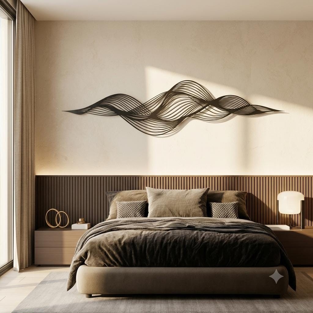 Modern Abstract Flow Metal Wall Art, Horizontal Wave Design, Minimal Black Metal