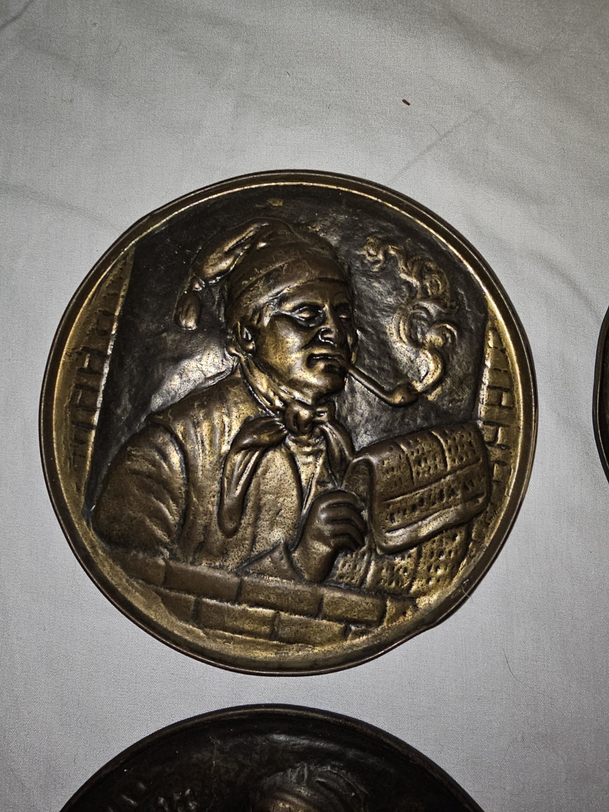 Set of 4 Vintage Belgian Bronze Wall Plaques Folk Art Musicians Tavern 5.5″