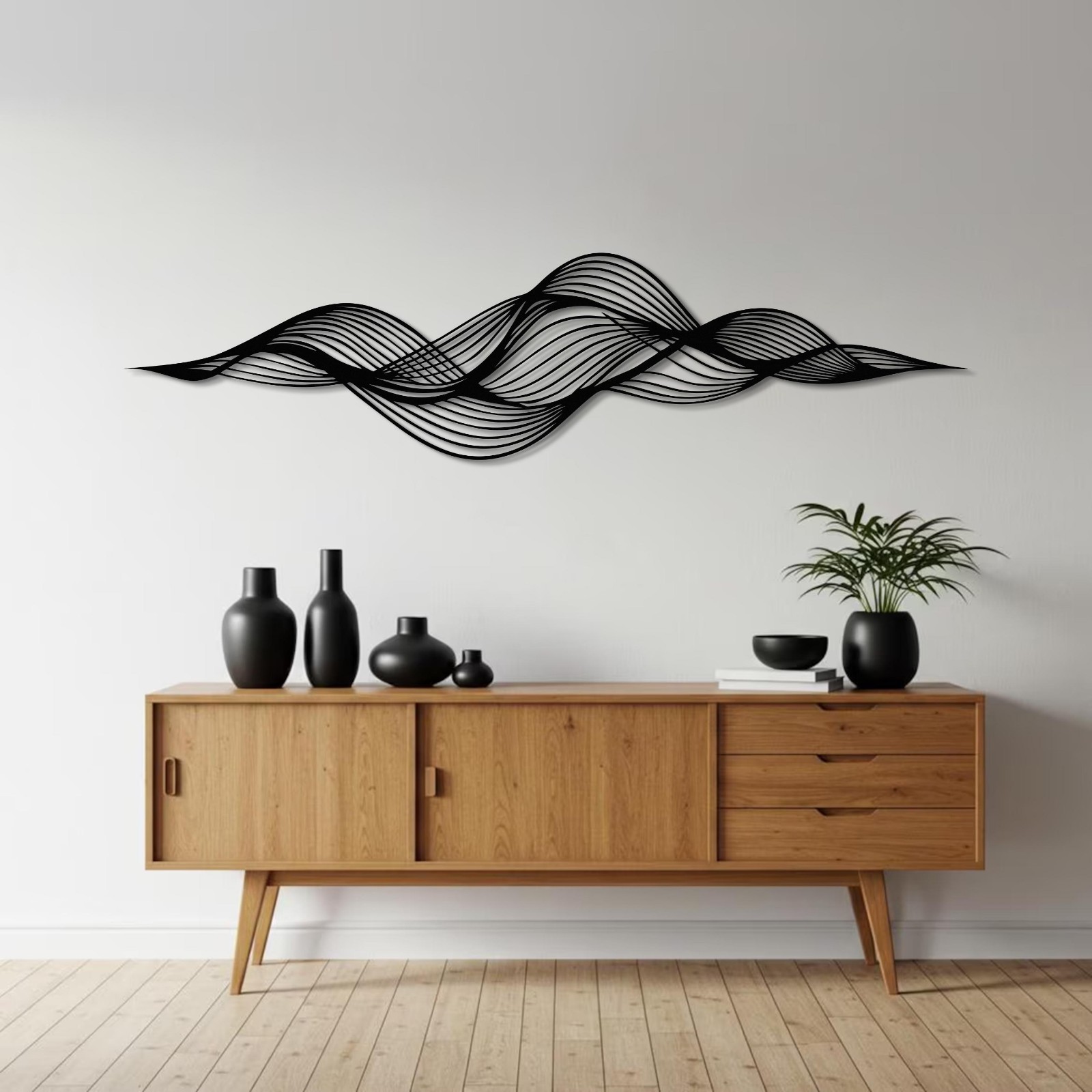Modern Abstract Flow Metal Wall Art, Horizontal Wave Design, Minimal Black Metal