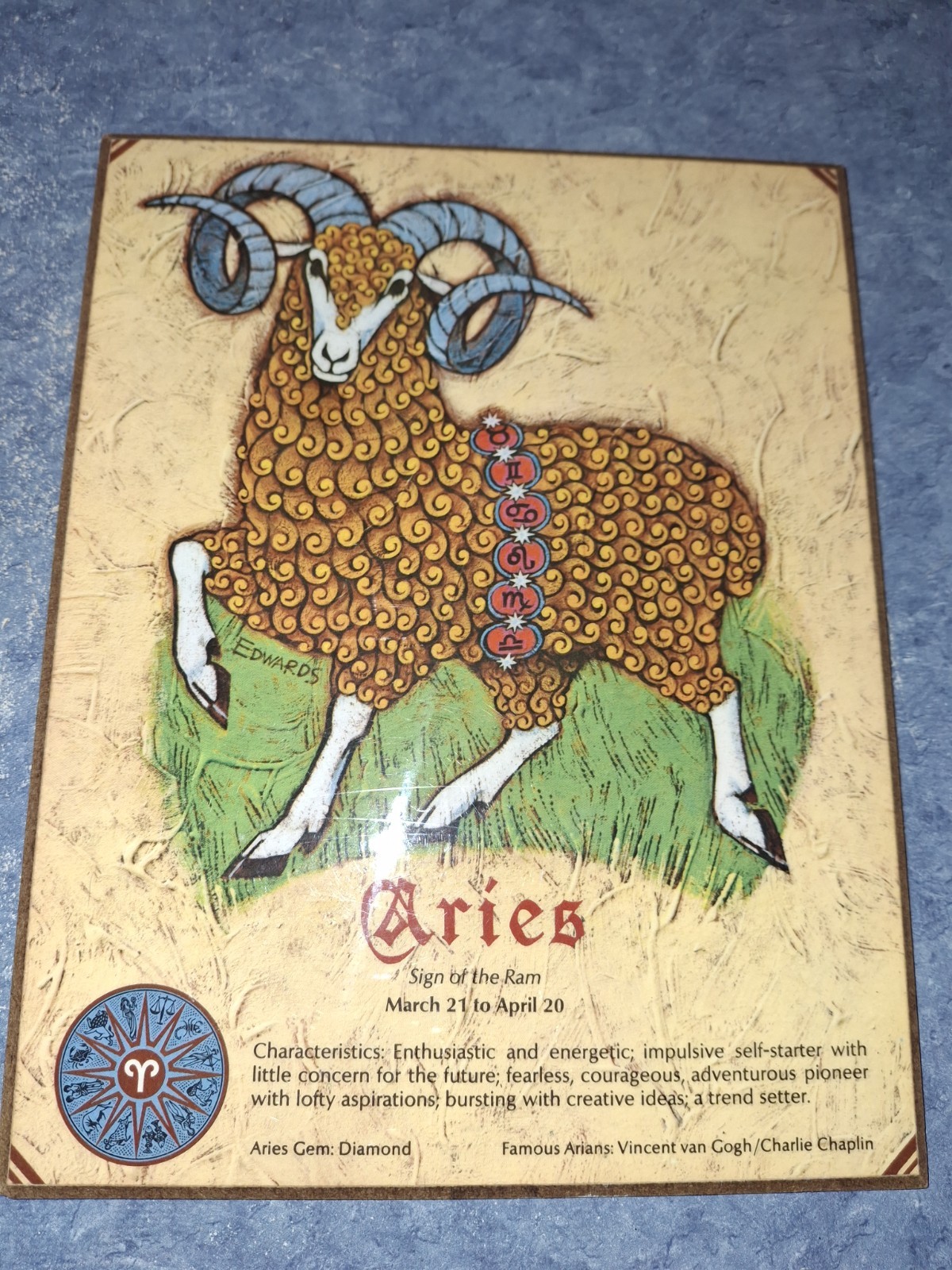 VTG 1970’s Zodiac ARIES decoupage wall plaque Wooden Mint Condition!