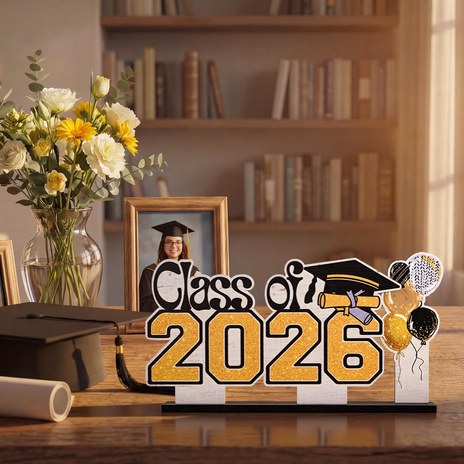 2026 Graduation Wooden Standing Decor Set, 2-Piece Class of 2026 Balloon Bouquet
