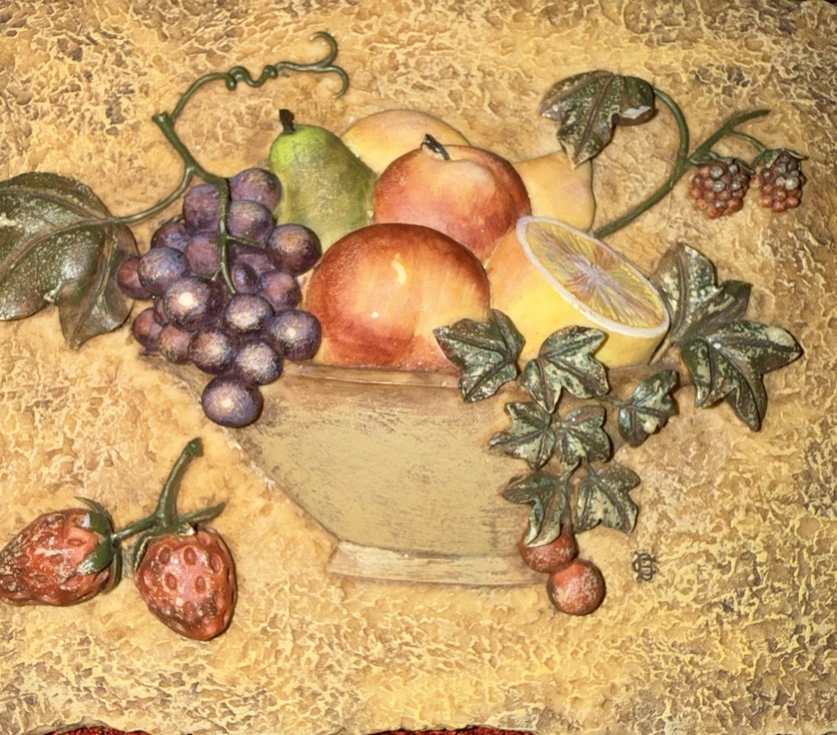 Textured Painted Wood Fruit Wall Plaque, Beige Multicolor, Horizontal Hanging