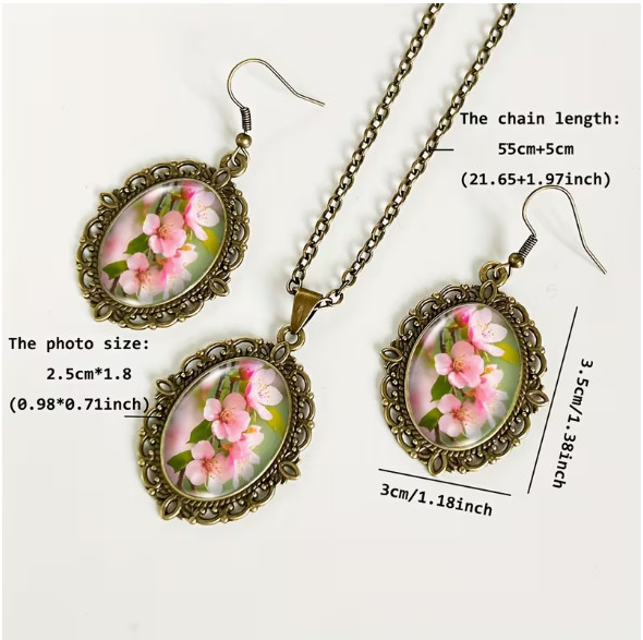 JEWELRY SET-3pcsCherry Blossom Flower Necklace Earring Set Oval Glass Cabochon