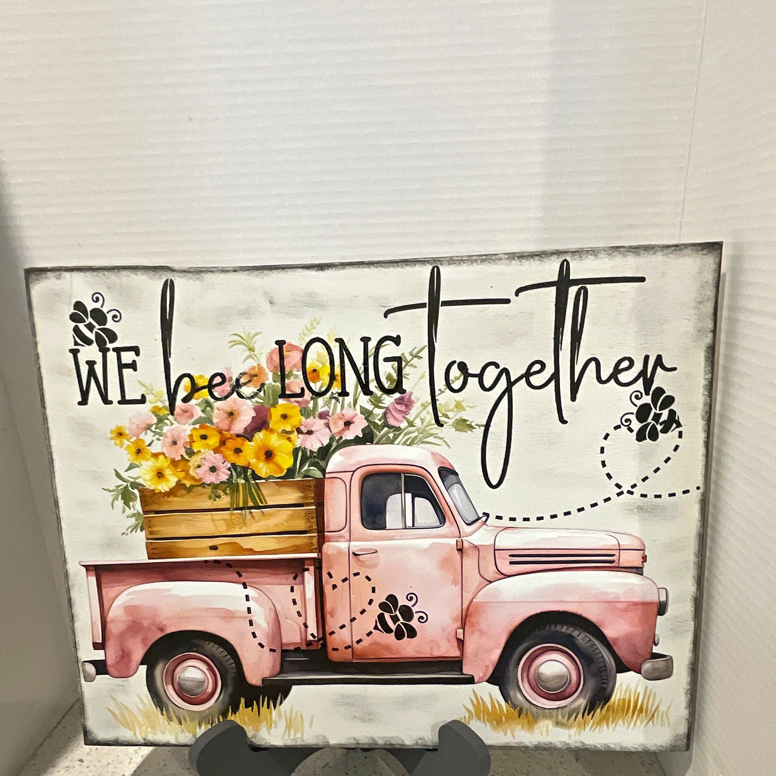 Wood Decorative Hanging Wall Sign “We Bee Long Together” Pink Truck Floral