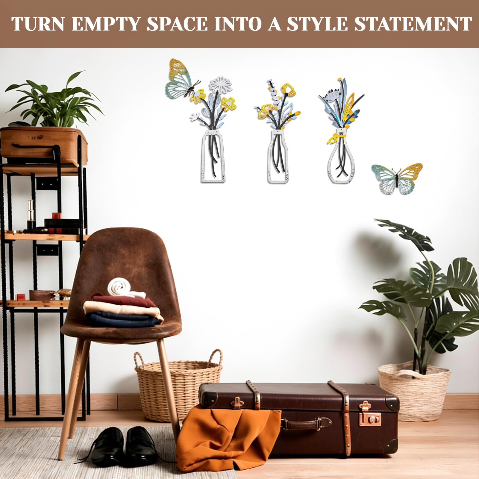 5 Pcs Metal Flowers Wall Arts – Rustic Farmhouse Decor Metal Vase Flowers Wal…