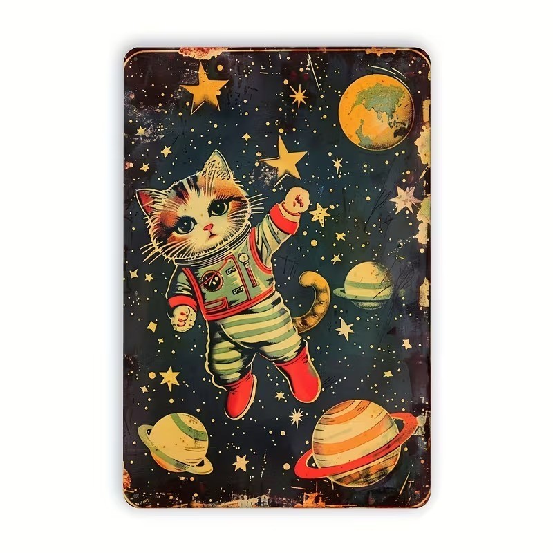 Kitten Retro Cosmic Cat Metal Signs Vintage Style Home Decor In Space 8 x 12