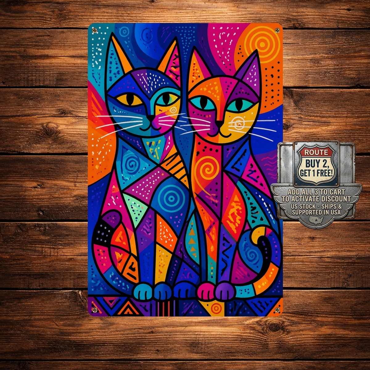 Colorful Abstract Cat Art Sign Vibrant Pet Lover Metal Tin Wall Plaque 8×12
