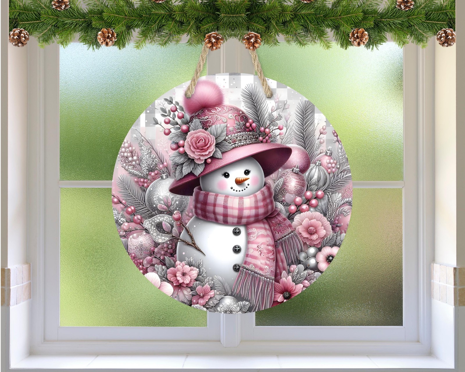 Floral Snowman Door Sign Pink Aluminum Indoor Outdoor Waterproof Decor