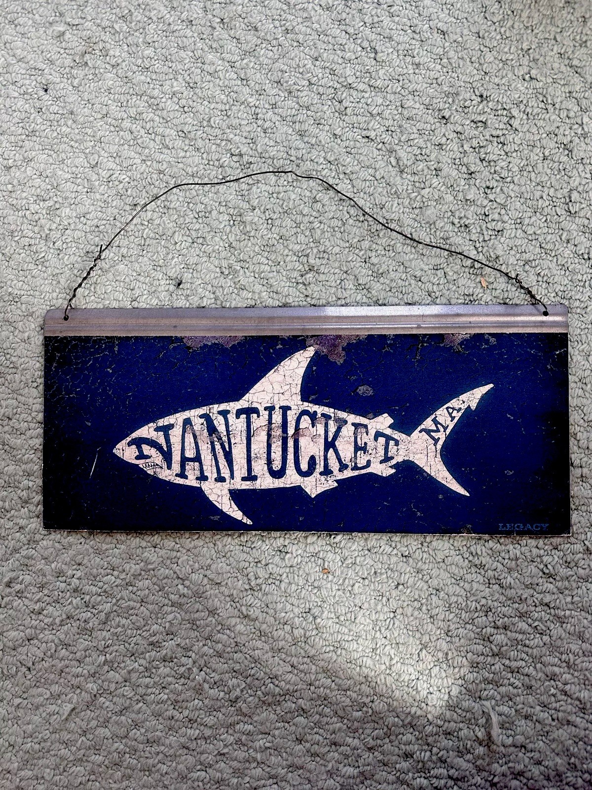 Vintage Nantucket MA Shark Metal Hanging Sign Coastal Decor