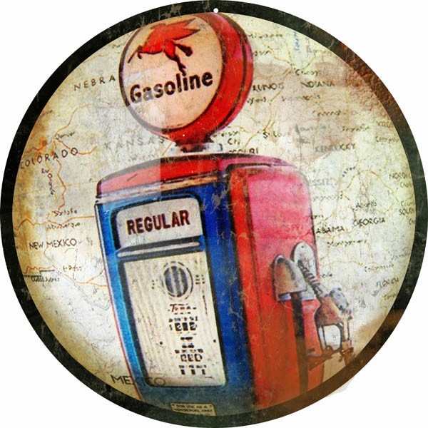 Reproduction Regular Gasoline Pump Round Metal Sign -14″ Man Cave Wall Decor