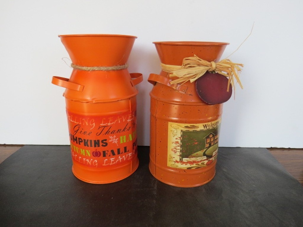 Tin Metal Milk Cans: Fall Autum Harvest Pumpkin Thanksgiving Decor 7-1/2″ /19cm