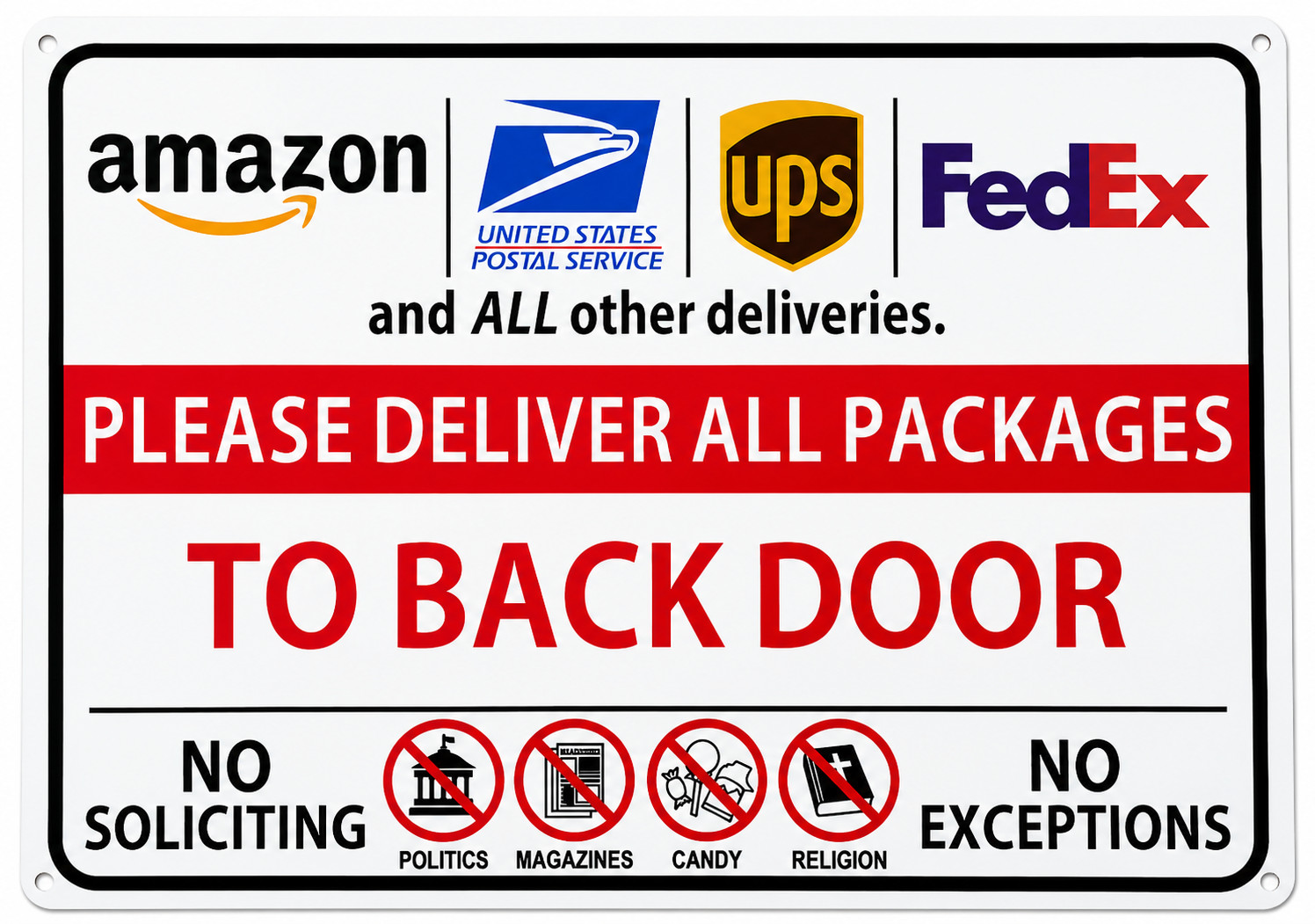 10″ x 7″ Metal Please Deliver All Packages to Back Door Sign No Hardware NIP