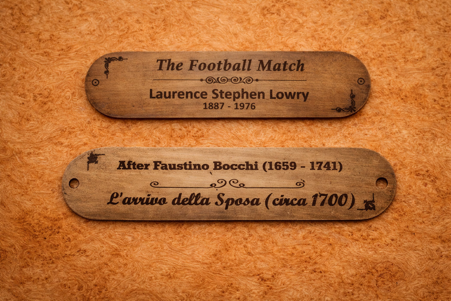 Custom engraved nameplate/plaque – shiny or aged brass, for art, trophy, office
