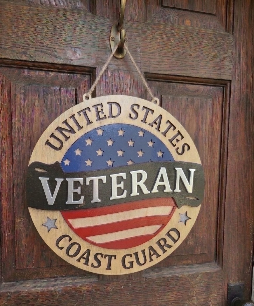 Patriotic United States Coast Guard Veteran Round Wooden Hanging Door Sign Stars