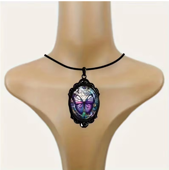 NECKLACE-3pcs Purple Butterfly Necklace with Glass Pendant and Earrings