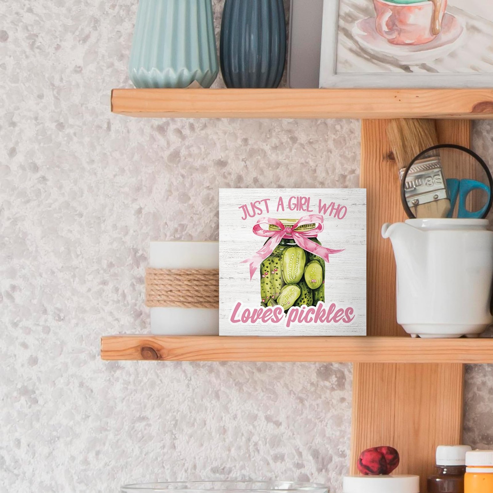Luipk Coquette Bow Pickle Decor Wood Box Sign Desk Decor, 5″L x 5″W, White