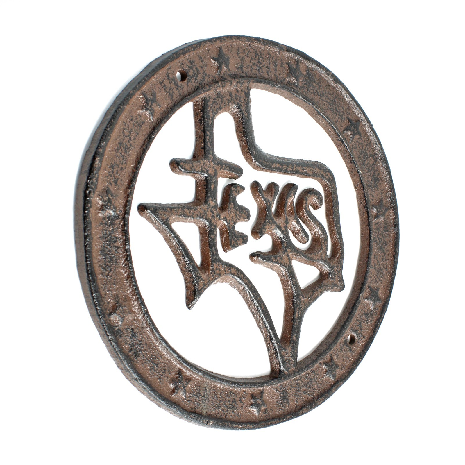 Texas Map Outline Circle Wall Plaque Stars Cast Iron Rustic Western 6.5″