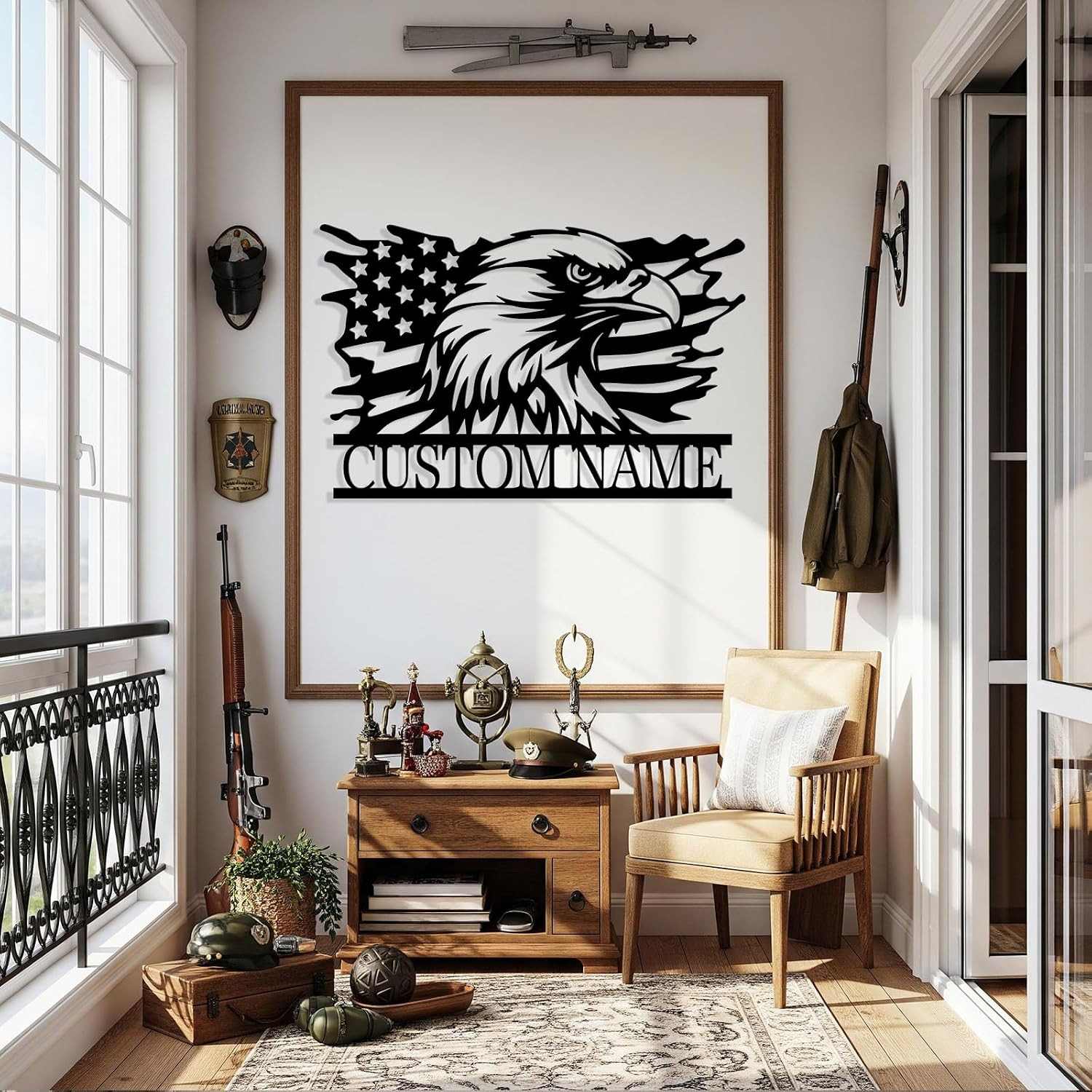 Personalized Eagle Metal Sign, Custom American Flag Wall Decor, Veteran Gift