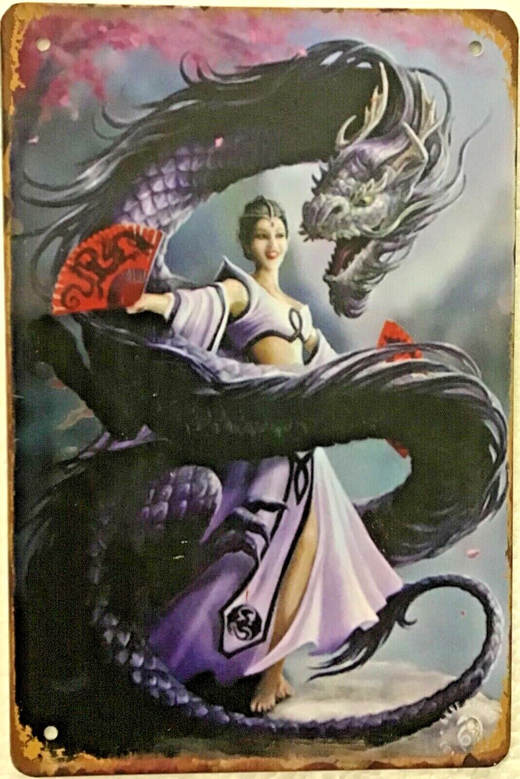 TIN SIGN 8×12 Sexy girl Chinese guardian dragon fantasy mythology monster wall
