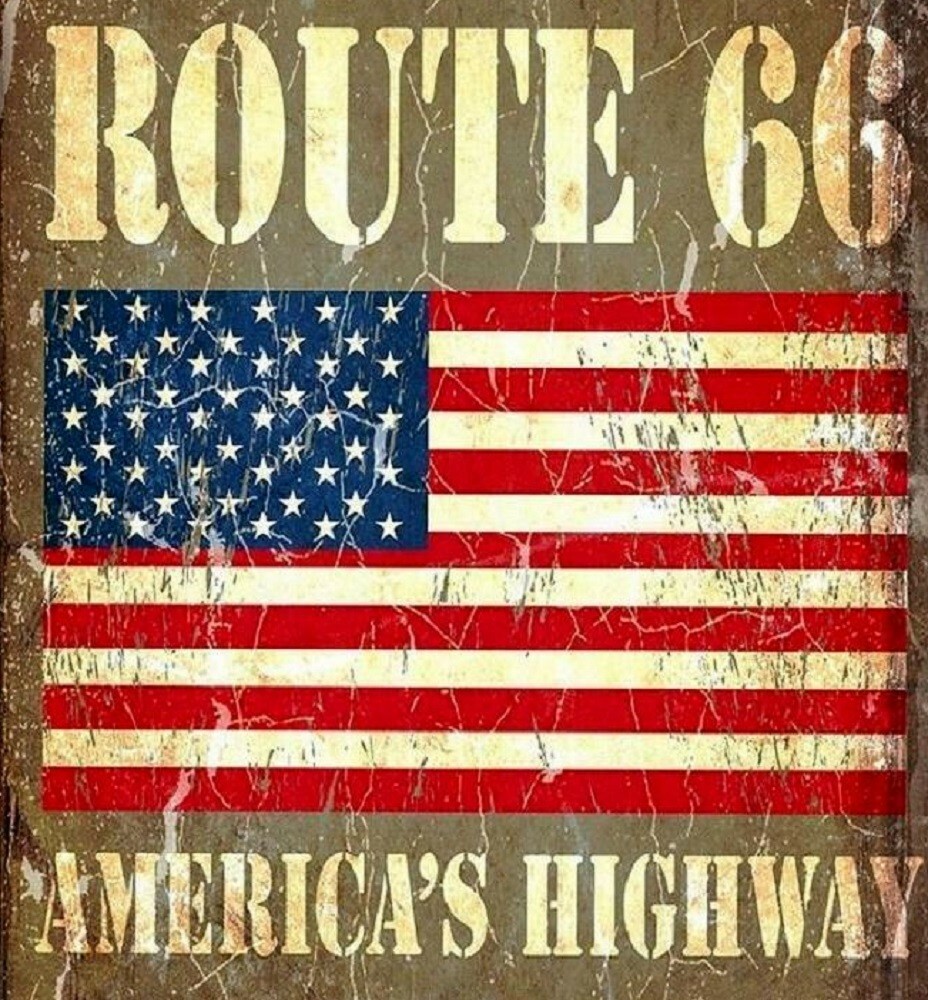 Distressed American Flag Route 66 Highway Metal Wall Sign Bar Decor 16″L x 12″W