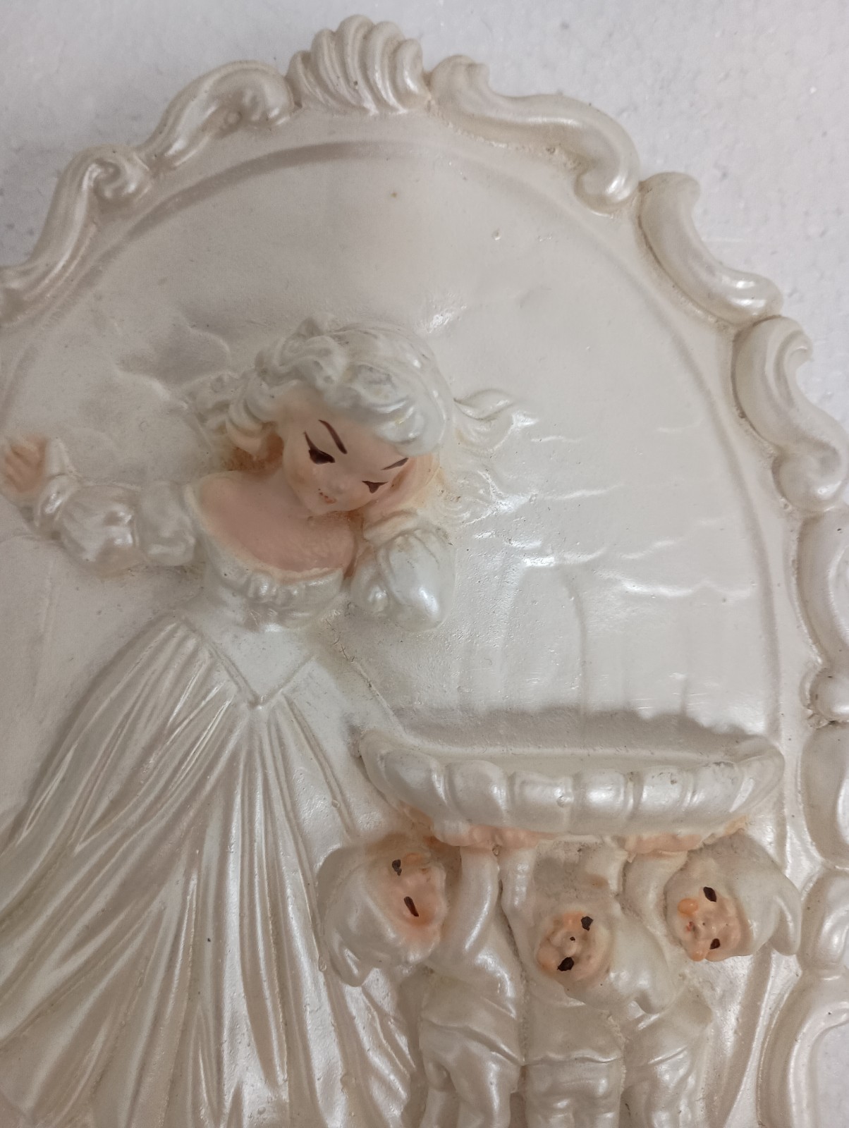 VTG Chalkware Pearlized 3D Wall Plaque Girl Cherubs & Deer Mid Century Modern