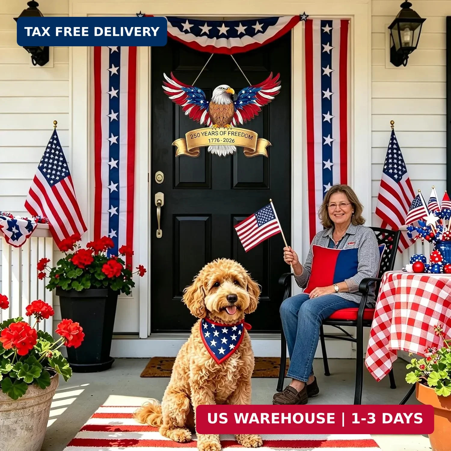 250th Anniversary 4th of July Door Sign, American Eagle 1776-2026 Wreath Patriot