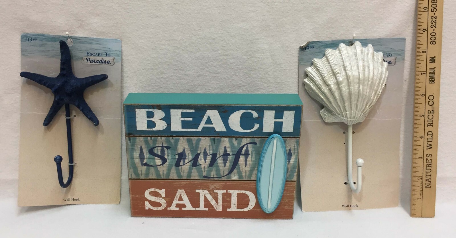 Nautical Ocean Beach Decor Wall Hooks Wood Box Sign Beach Surf Sand Lot of 3