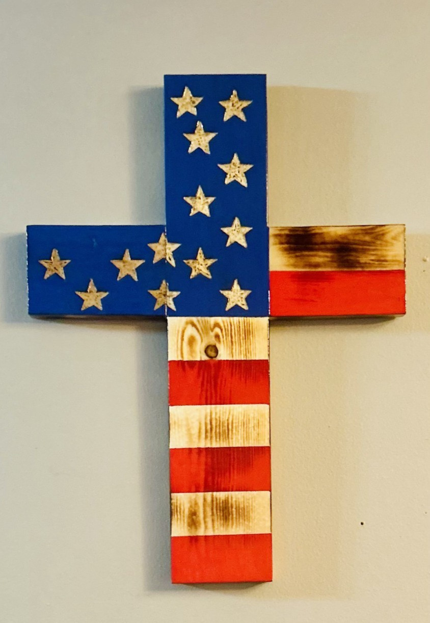 Rustic Handmade American Flag Wooden Cross 17” Wall or Yard Memorial Patriotic