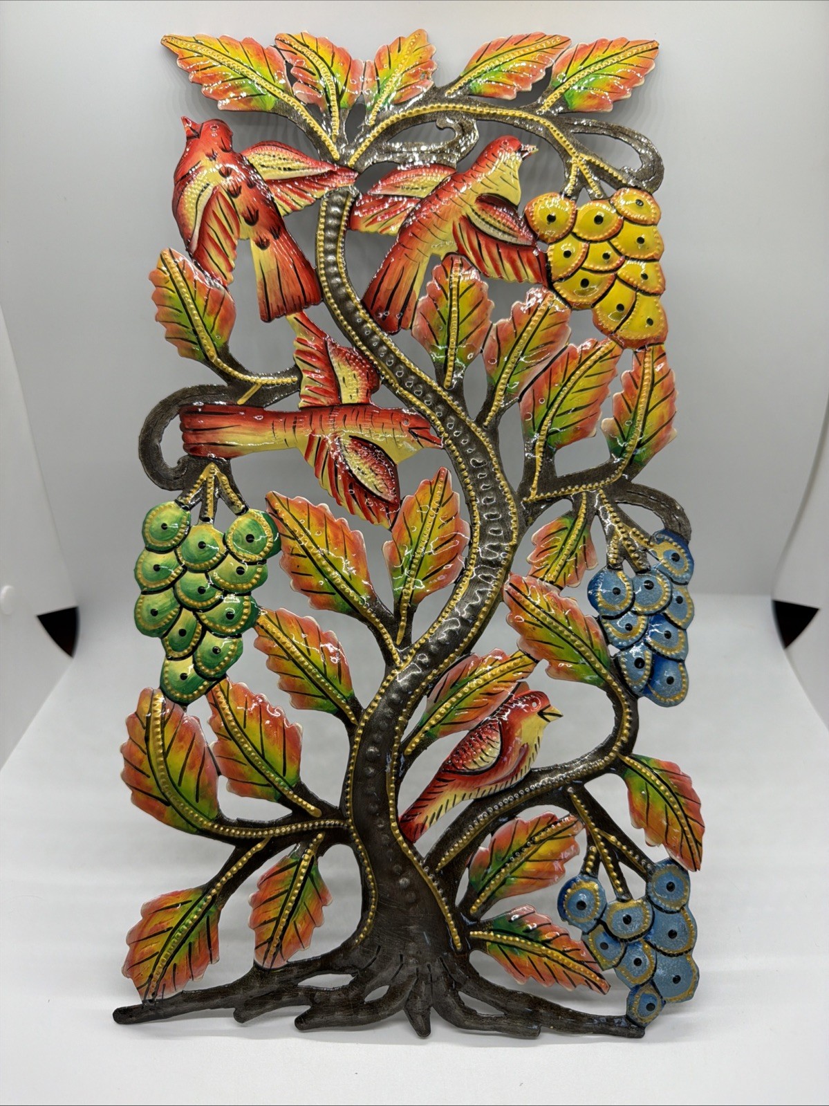 Hand-Painted Haitian Metal Wall Art Tree of Life Birds Flowers 15×8 Kitschy