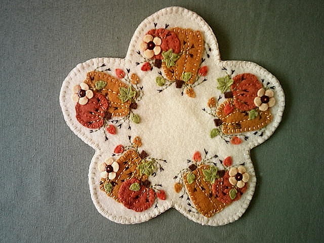 Primitive Candle Mat Orange and Gold Pumpkins and Peach Flowers
