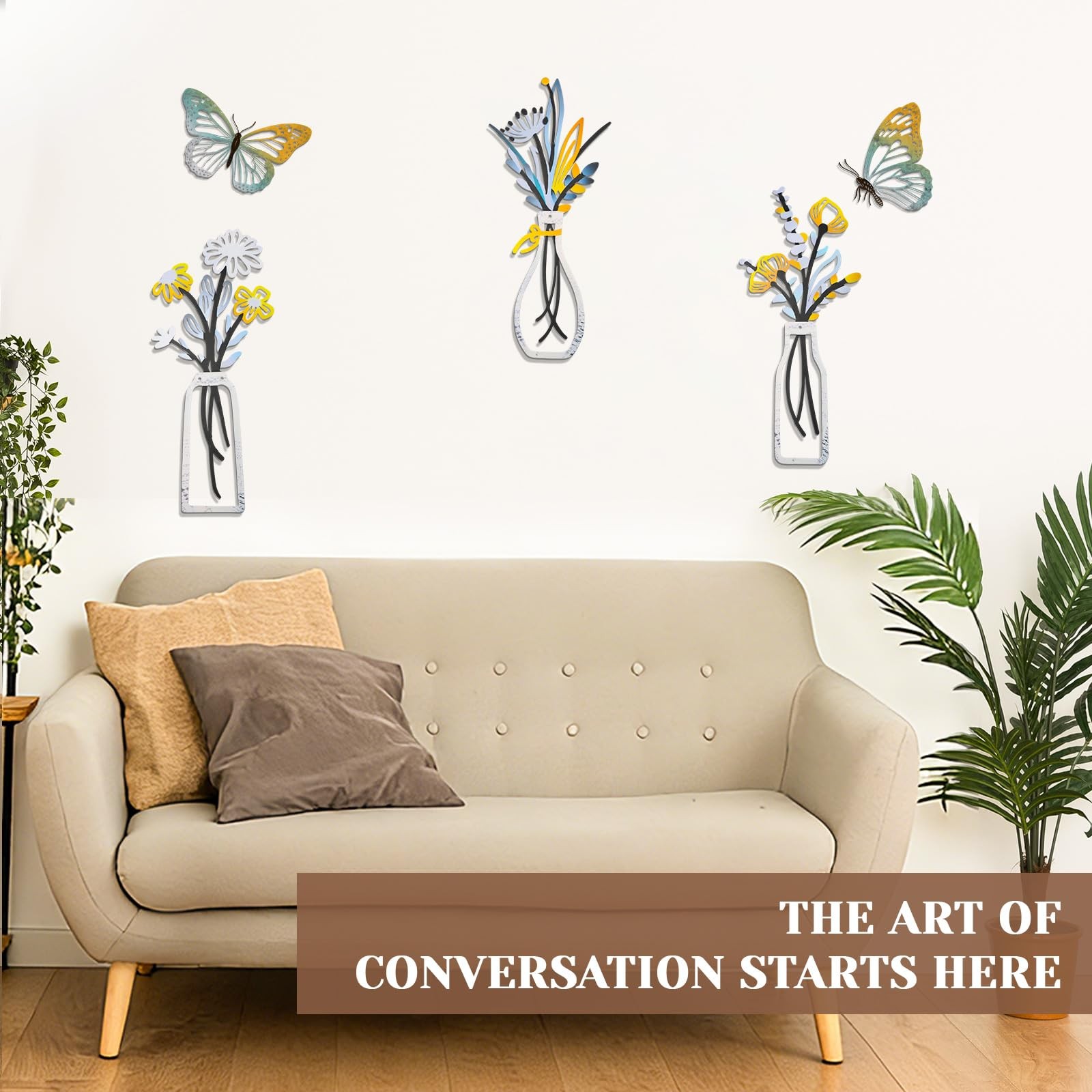 5 Pcs Metal Flowers Wall Arts – Rustic Farmhouse Decor Metal Vase Flowers Wal…