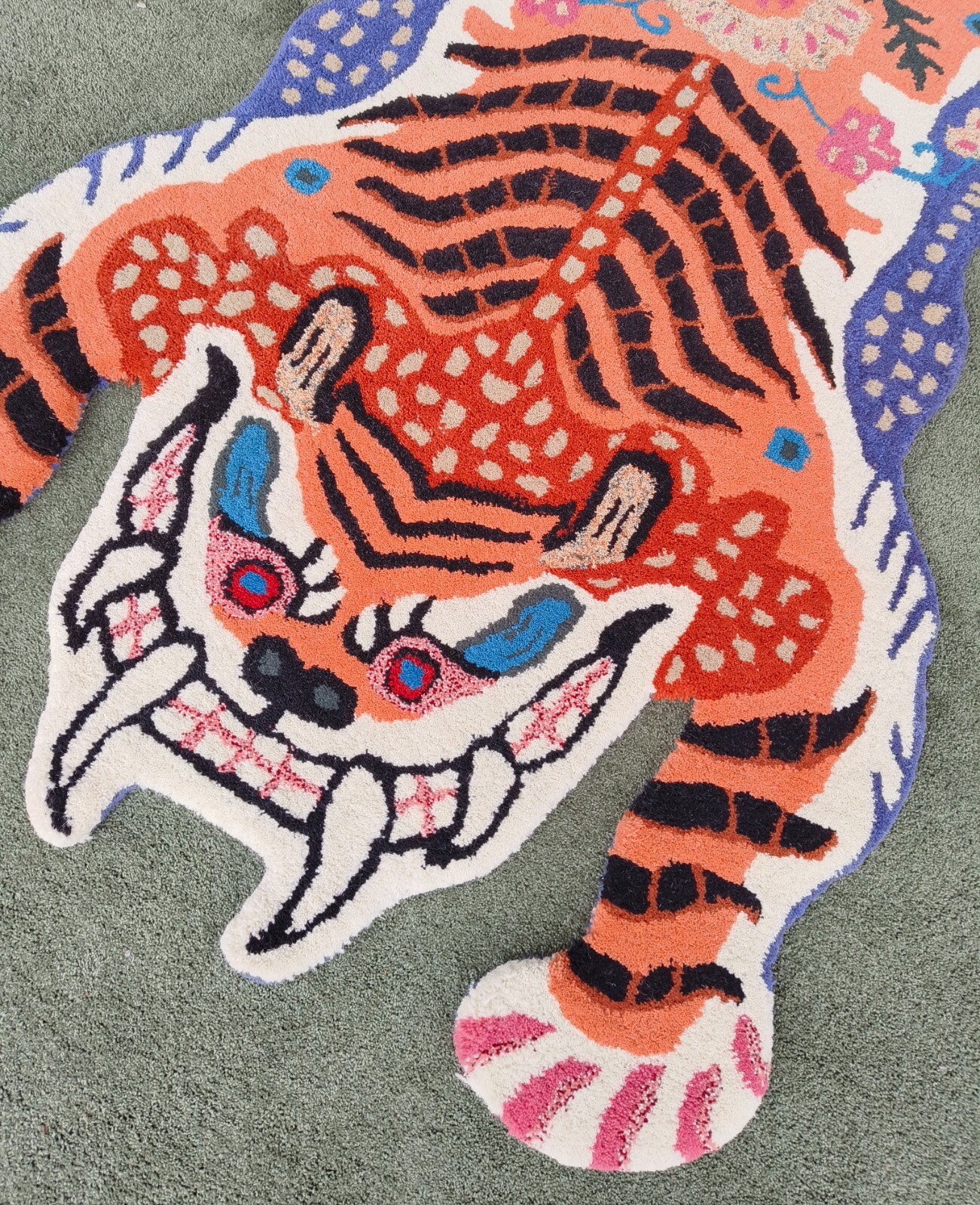 Orange Tibetan Tiger Rug Tufted Modern Carpet Folk Art Skeleton Maximalist Decor