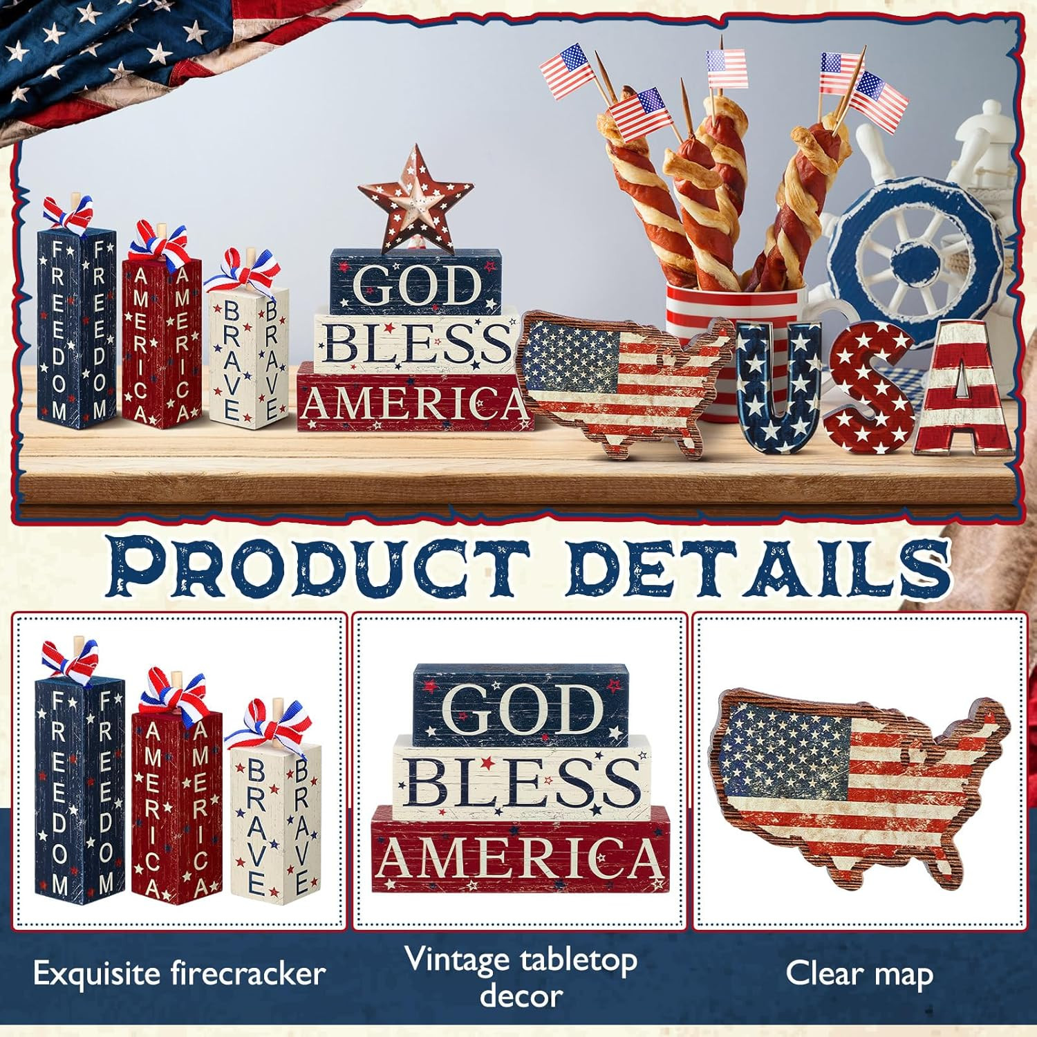 11 Pcs 4Th of July Decoration Memorial Day Table Sign Patriotic Tiered Tray D…