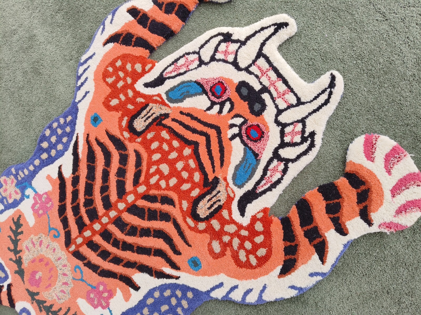 Orange Tibetan Tiger Rug Tufted Modern Carpet Folk Art Skeleton Maximalist Decor