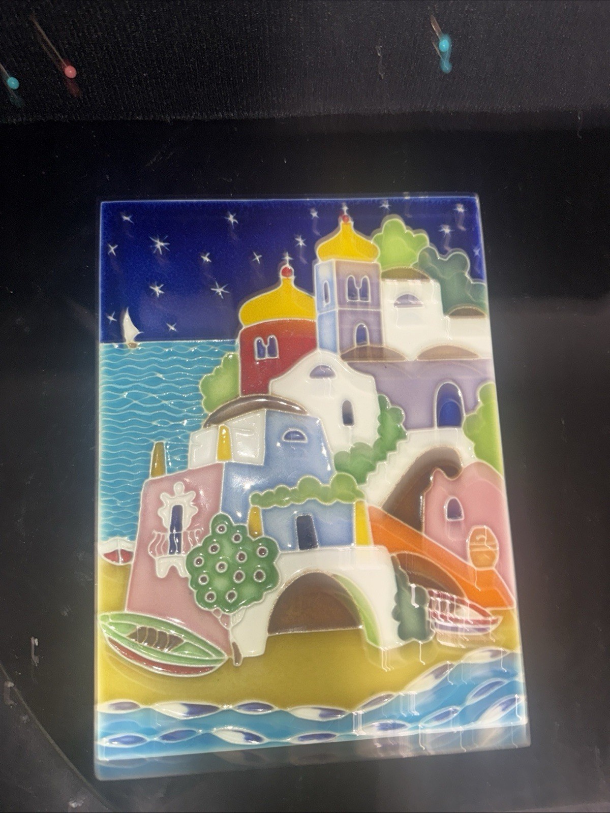 Vintage Colorful Italian Ceramic Wall Art Tile Plaque Luciano Italy Santorini