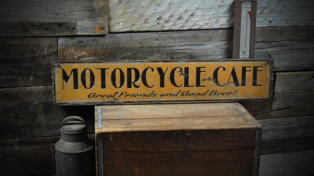 Orange & Black Motorcycle Cafe Sign – Rustic Hand Made Vintage Wooden
