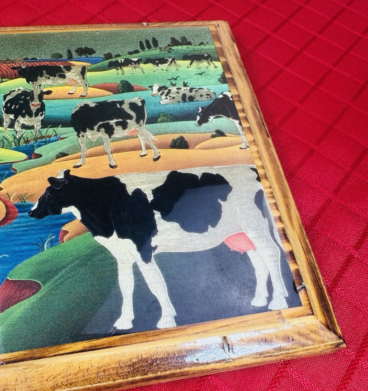 Vtg 1970s Embossed Foil Farm Cows Pastoral Landscape Wood Plaque 8.5×6.5