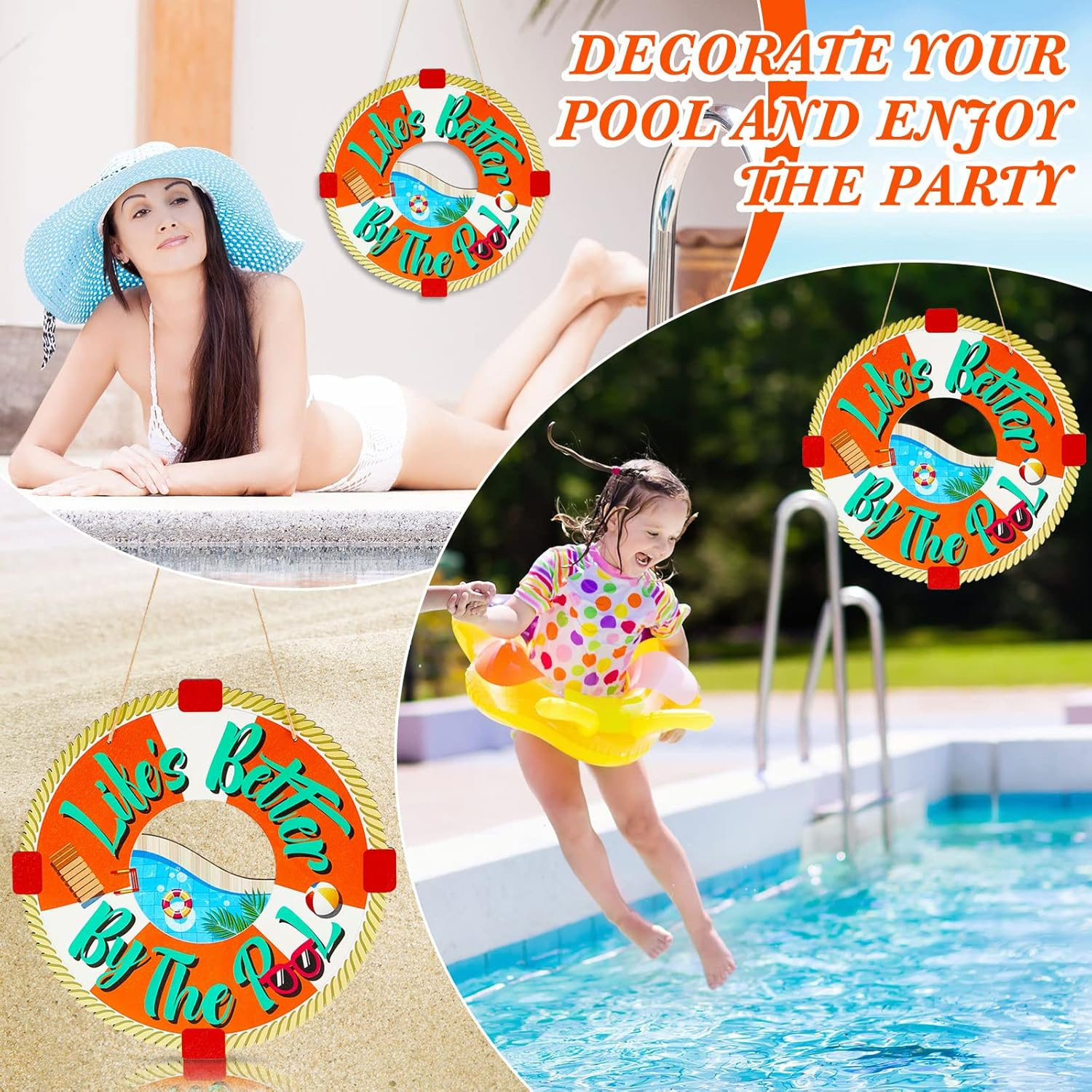 Life is Better by The Pool Sign Summer Wooden Lifesaver Rings Outdoor Pool Decor