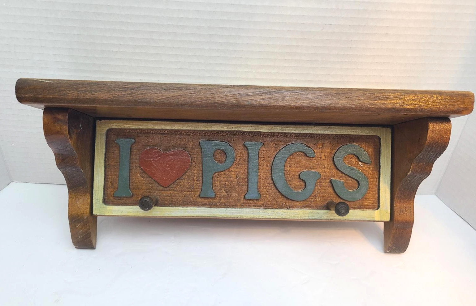 Wooden Vintage 13.5 Inch Wall Shelf Rack I Love Pigs Farmhouse Country Cottage