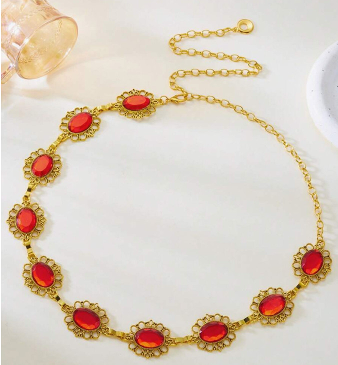 GEM CHAIN BELT- Elegant Vintage Style Ruby Floral Pattern Waist Chain