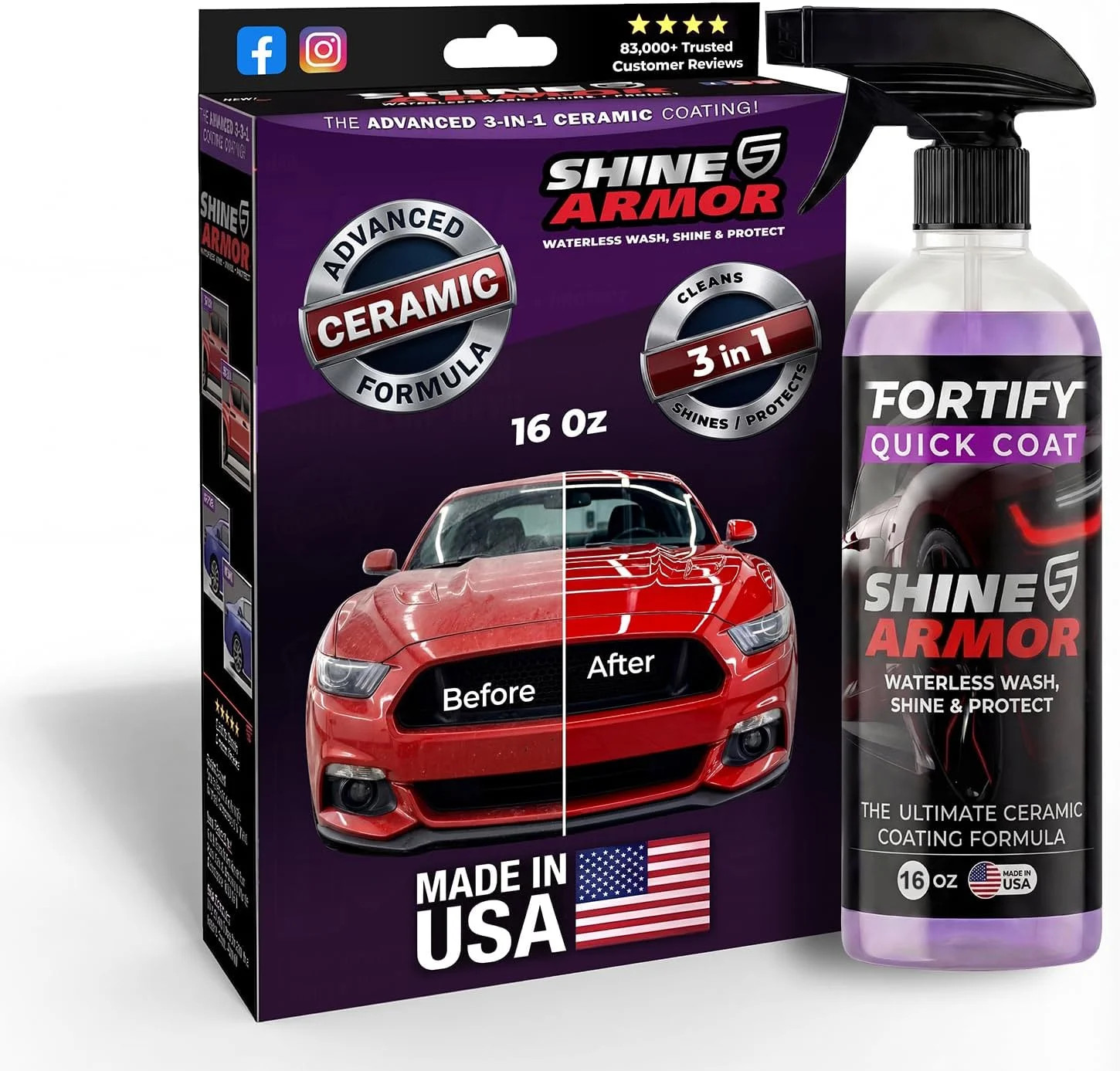 SHINE ARMOR Fortify Quick Coat: 3-in-1 Complete Detailing Spray – Car Wax, Water
