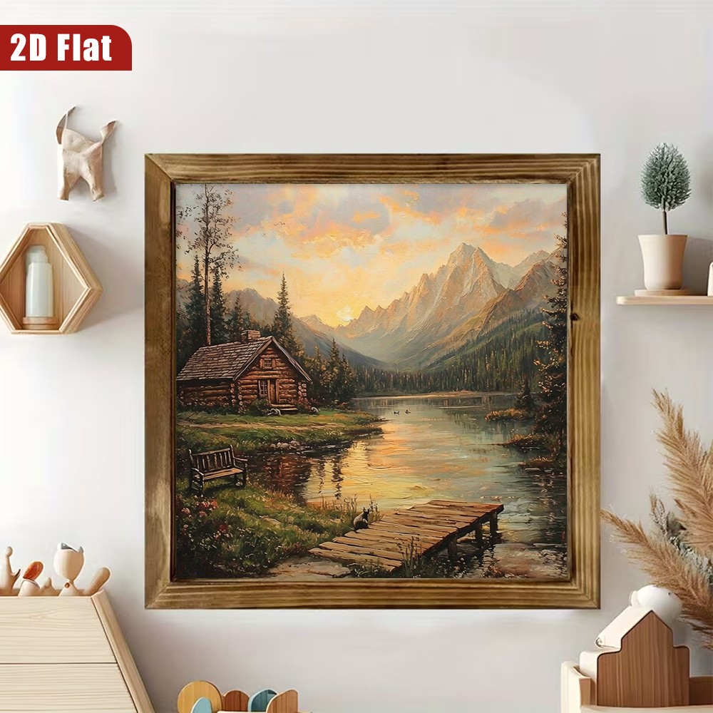 Classic Wilderness Lake Cabin Mountain Sunset Rustic Living Room Wall Art Plaque