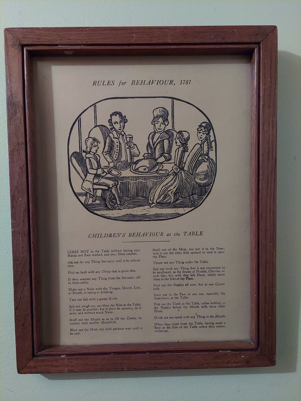 CHILDREN’S RULES FOR BEHAVIOR AT TABLE, 1787 FRAMED PICTURE, KITCHEN, RESTAURANT