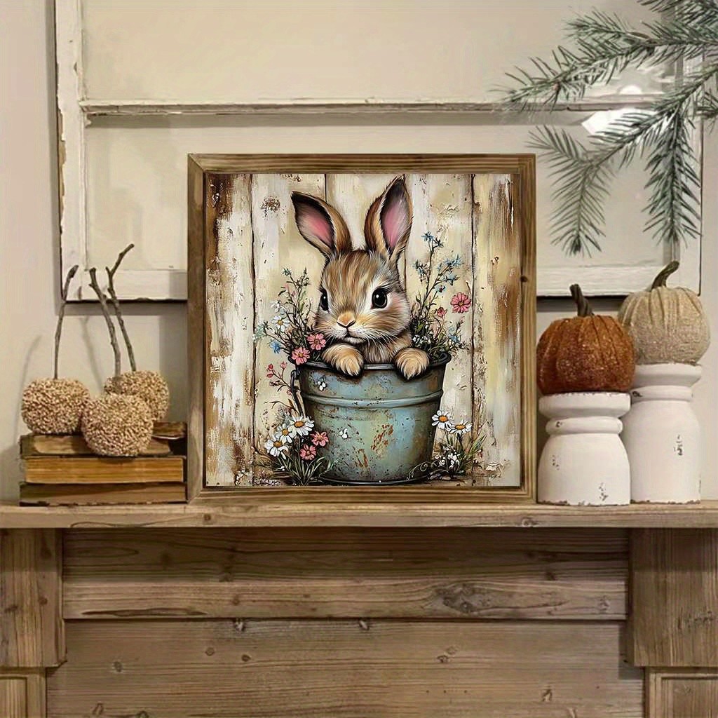 Easter Bunny In Floral Bucket Wooden Plaque Rustic Spring Holiday Wall Decor