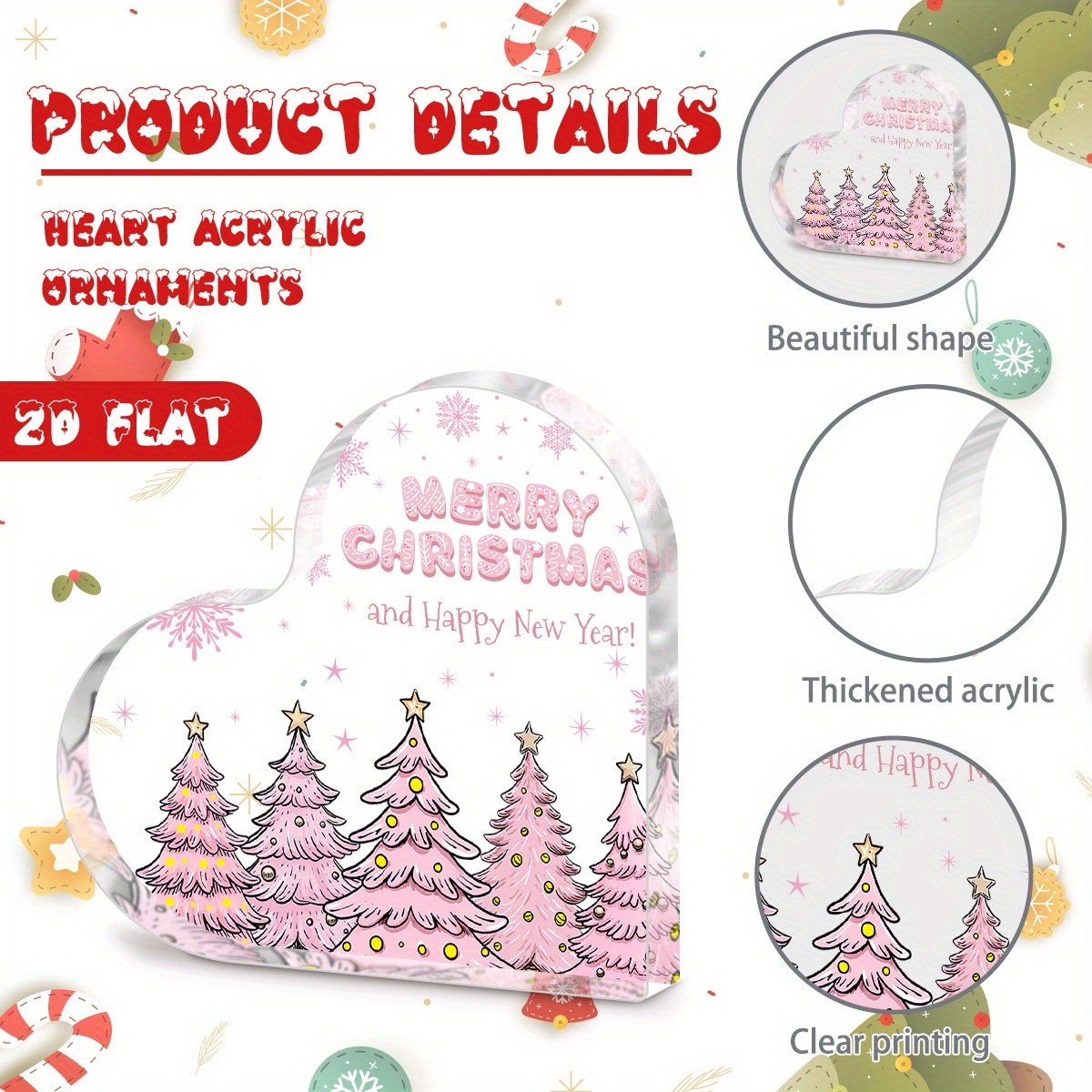 Pink Christmas Tree Heart Shape Acrylic Plaque Merry Christmas Farmhouse Decor
