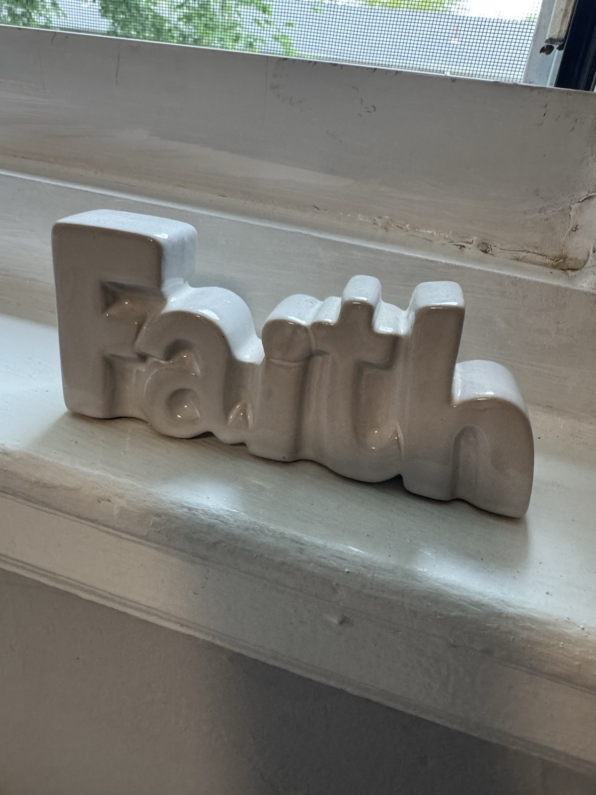 Faith Ceramic sign art decor free standing word art white mantel table prayer