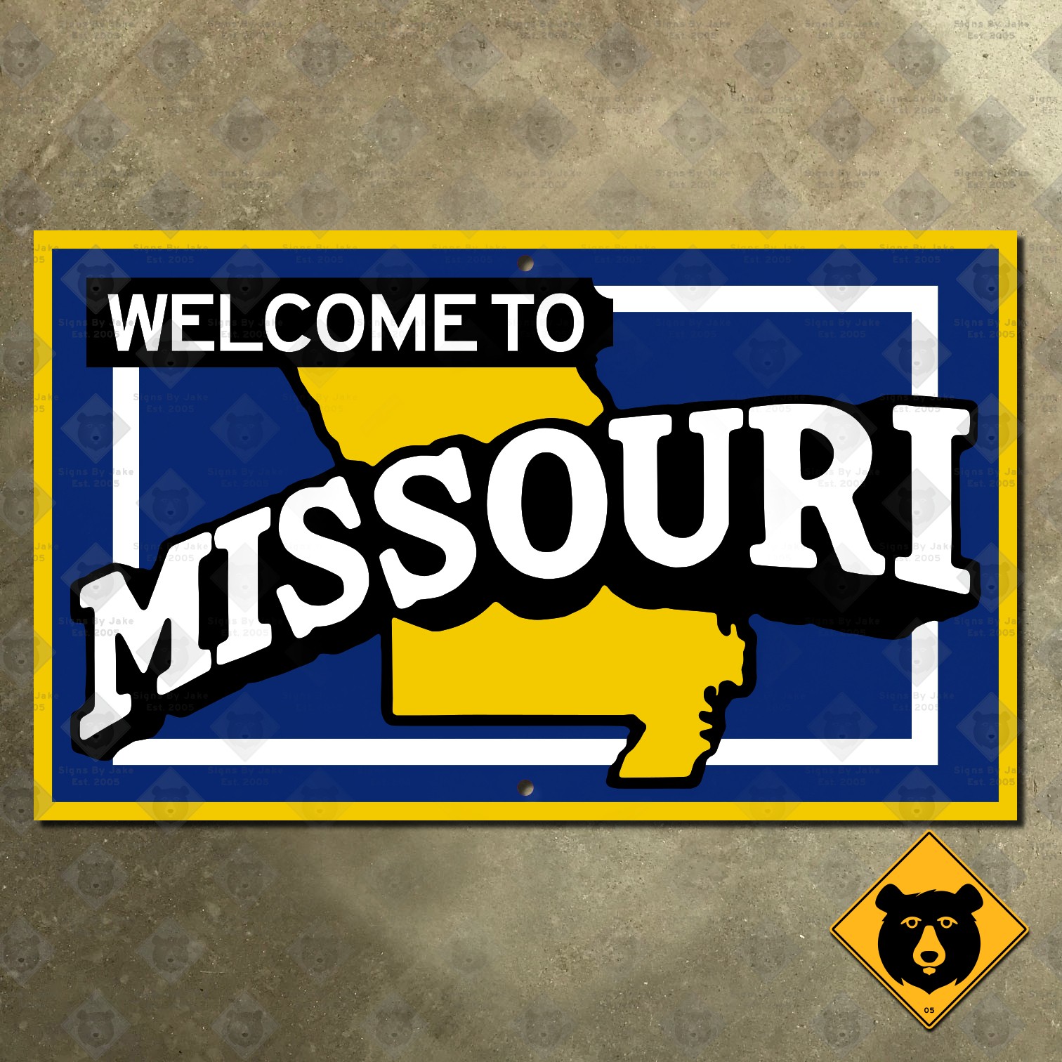 Missouri state line highway marker road sign 1955 map outline welcome 15×9
